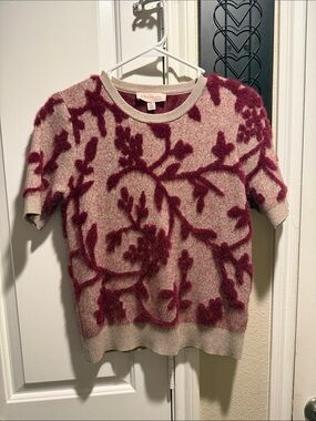Philosophy Rose Pink & Burgundy Floral Flocked Short Sleeve Sweater